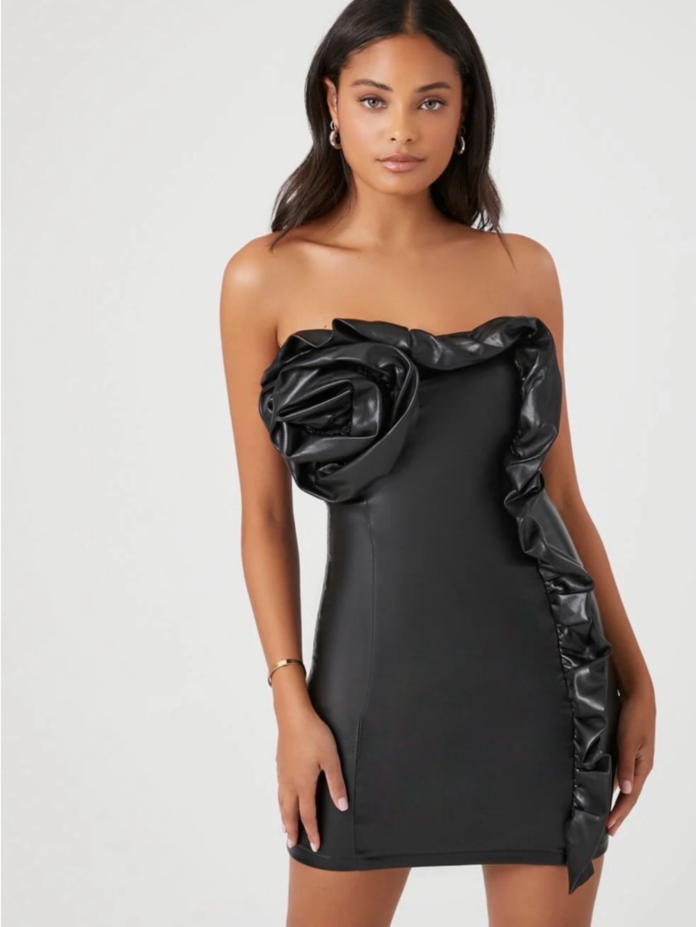 Forever 21 Black Strapless Faux-Leather Mini Dress with Rosette Detail